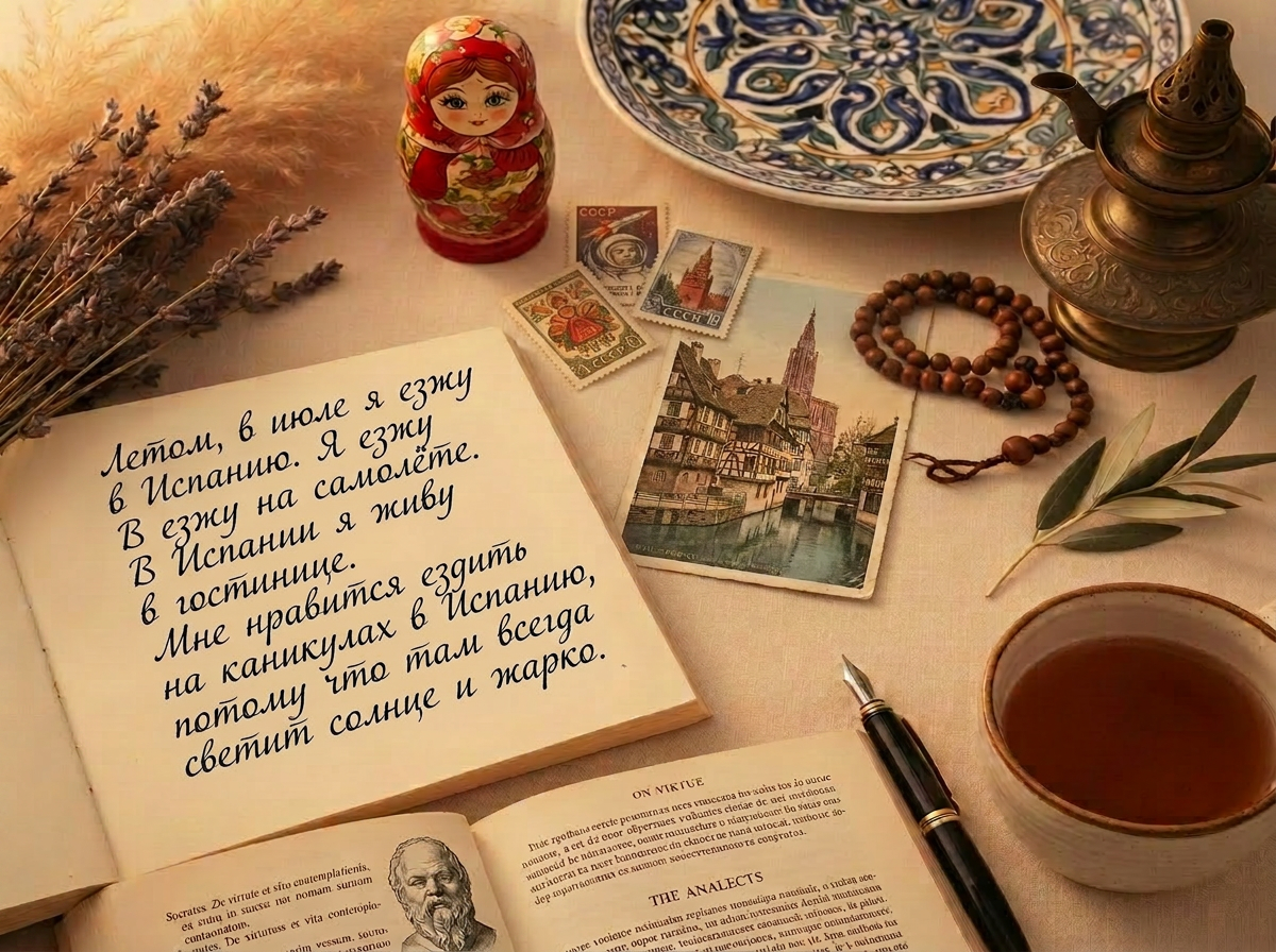 Warm flat-lay with handwritten French and Russian notes, Eiffel Tower postcard, matryoshka, Moorish tiled plate, prayer beads, olive sprig, philosophy book and globe